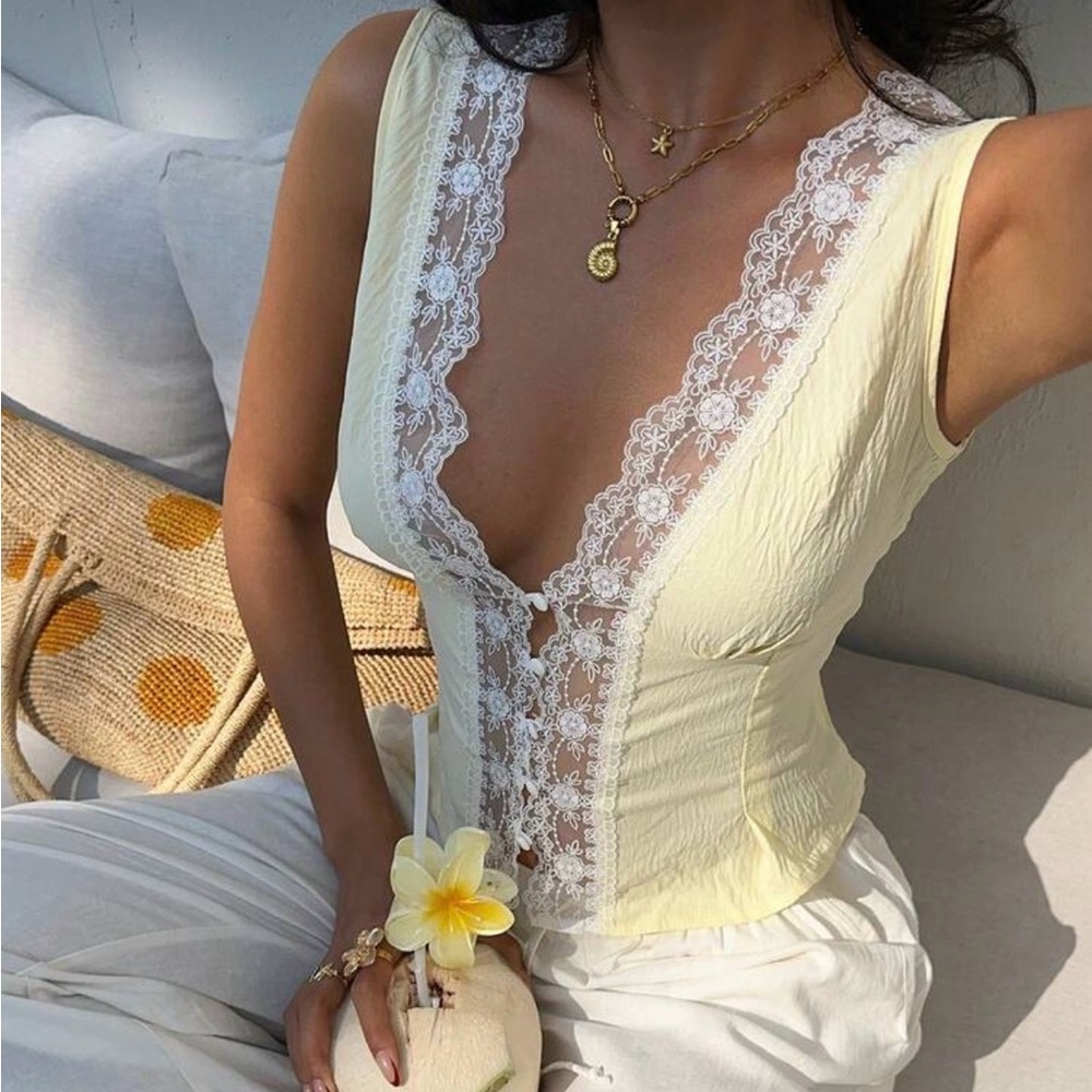 Butter Yellow Lace-Trim Plunge Camisole